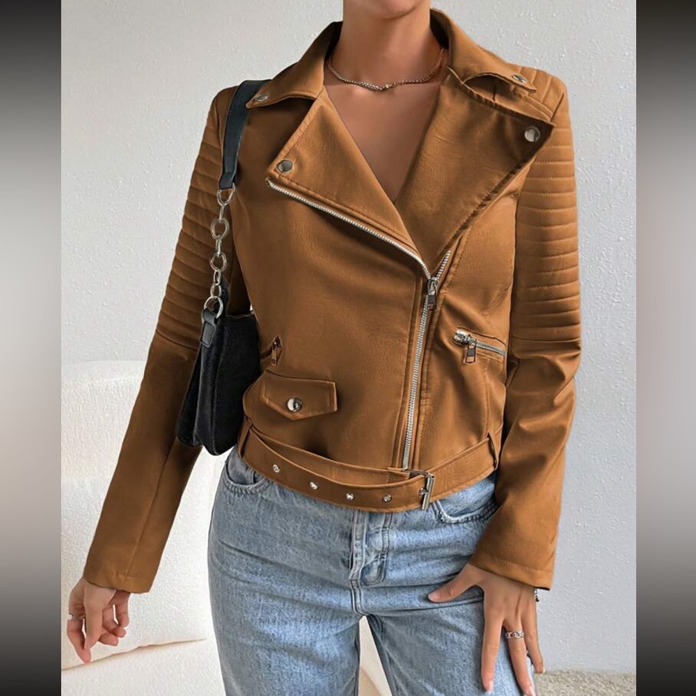 leather zipper biker moto motorcycle jacket camel - Picture 8 of 10